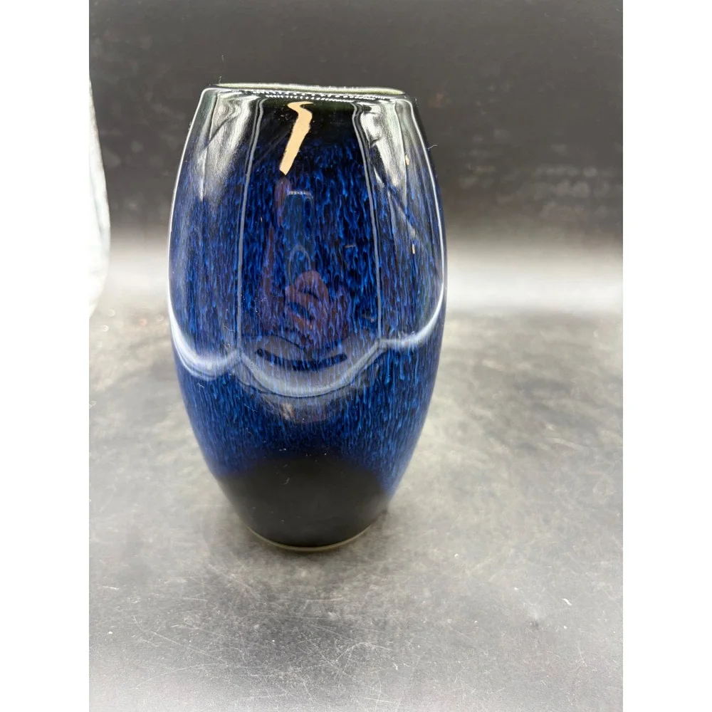 Blue Black Drip Glaze Ceramic Vase Ribbed Art Pottery Home Decor 7 Inch